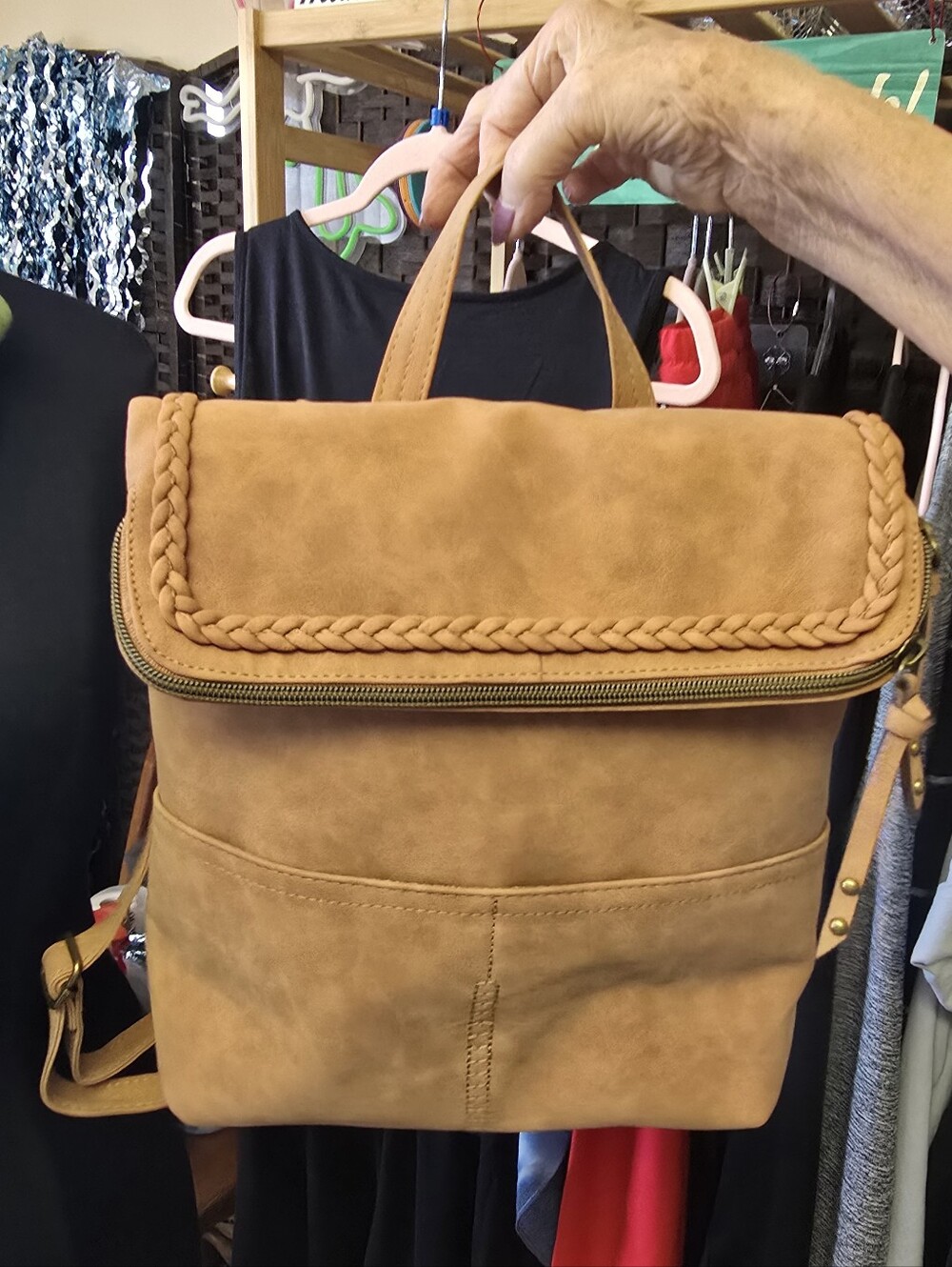#0625 🧜‍♀️ NWT Tan Suede TSHIRT & JEANS Backpack 11x12x5 2 Zip & 5 Slip Pckts